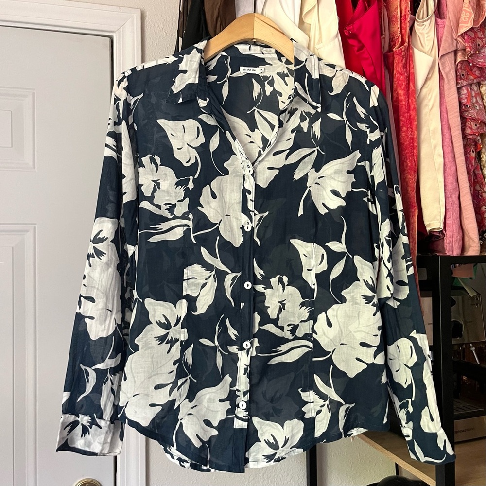 BY THE SEA navy white floral leaf‎ tropical print sheer cotton long sleeve shirt